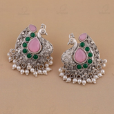 Peacock Design Earrings | Baby Pink & Green Stones | Lightweight Silver Jewelry